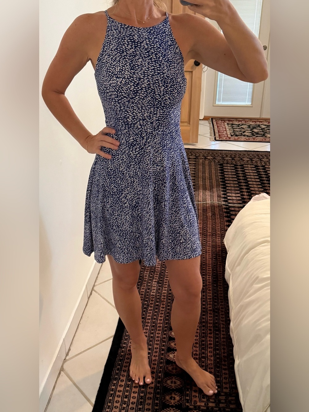Bar III Navy and White Printed Halter Mini Dress